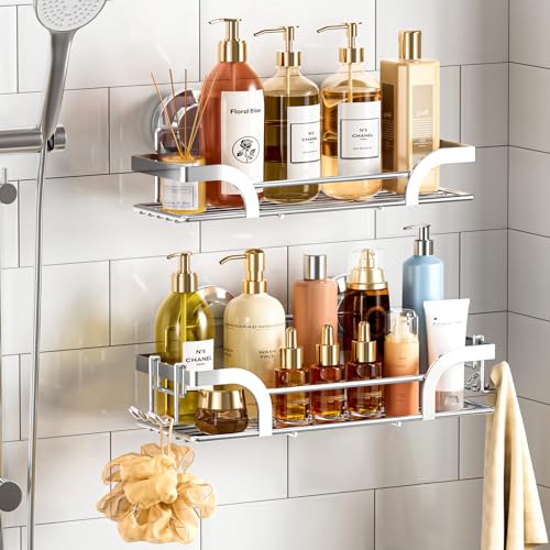 TAILI Duschablage Ohne Bohren, Einstellbar Dusche Caddy Saugnapf 2er Set Dusche Zubehör mit Haken Rostfrei Schwarz Duschregal Organisator für Küche Badezimmer, Silber von TAILI