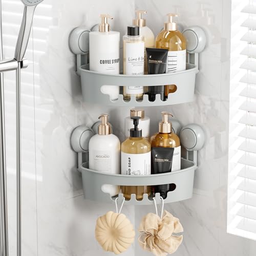 TAILI Duschablage Ohne Bohren,Einstellbar Ecke Dusche Caddy Saugnapf 2er Set Dusche Zubehör mit Haken Rostfrei Schwarz Duschregal Organisator, Grau von TAILI