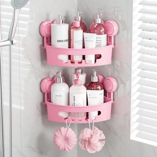 TAILI Duschablage Ohne Bohren,Einstellbar Ecke Dusche Caddy Saugnapf 2er Set Dusche Zubehör mit Haken Rostfrei Schwarz Duschregal Organisator, Rosa von TAILI