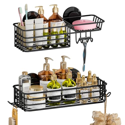 TAILI Rostfrei Duschablage Ohne Bohren, Dusche Caddy Saugnapf Dusche Zubehör mit Haken & Seifenhalter Duschregal Organisator für Küche Badezimmer 2 Stück, Schwarz von TAILI