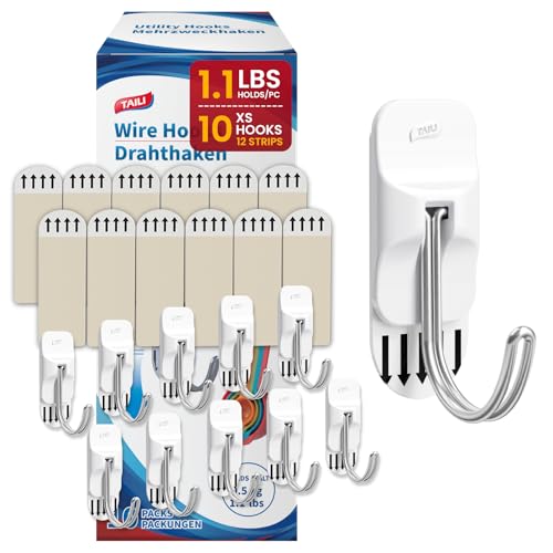 TAILI Haken zum beschädigungsfreien Aufhängen, 10 Mini-Universalhaken und 12 Klebestreifen, hält bis zu 0,5 kg, ohne Werkzeug beschädigungsfrei zum Aufhängen im Badezimmer oder in der Küche von TAILI