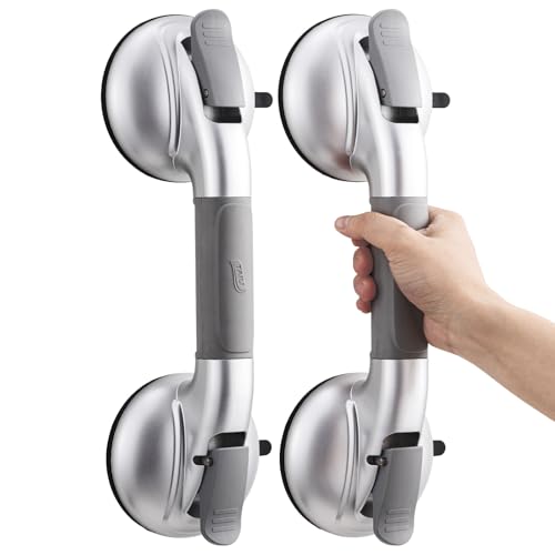 TAILI Haltegriffe für Senioren 2 Pack, Duschgriff für Senioren ohne Bohren, Max 150 KG, Haltegriff mit Verbesserten Saugnäpfen aus Gummi, Abnehmbarer und Wasserdichter Badewannengriff Dusche, Silber von TAILI