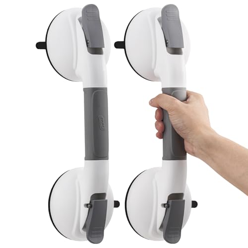TAILI Haltegriffe für Senioren 2 Pack, Duschgriff für Senioren ohne Bohren, Max 150 KG, Haltegriff mit Verbesserten Saugnäpfen aus Gummi, Abnehmbarer und Wasserdichter Badewannengriff Dusche, Grau von TAILI