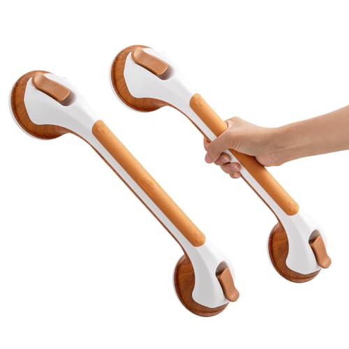 TAILI Haltegriffe für Senioren 2 Stück, MAX 110 KG Haltegriff Dusche ohne Bohren, 43 CM Duschgriff für Senioren ohne Bohren, Duschgriff mit Saugnapf, Badewannengriff, Griffstangen, Holzmaserung von TAILI