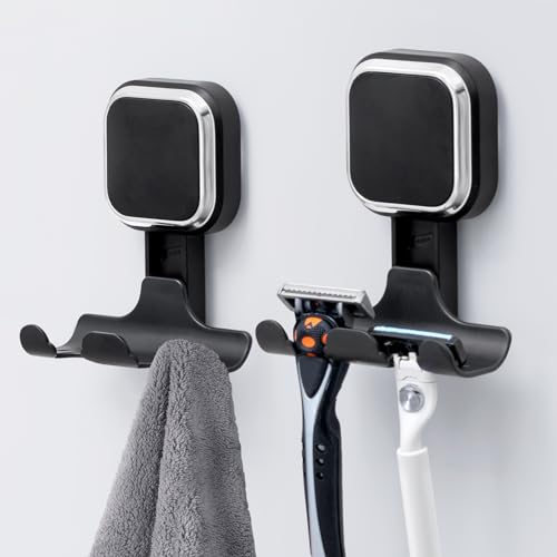 TAILI Saugnapf Rasierklingenhalter für Dusche 2 Pack Vakuum Saug Rasierhaken für Badezimmer, Handtuch, Rasierapparat Aufhänger für Dusche Wand Abnehmbar Wasserdicht Quadratisch Geformt, Schwarz von TAILI