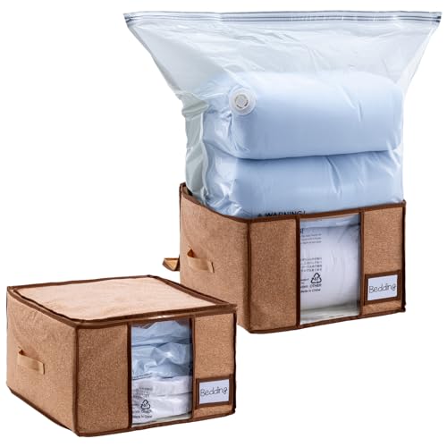 TAILI Vakuumbeutel für Kleidung Aufbewahrungsbox mit Deckel 2 in 1 Design 65 x 50 x 15.5 CM Vakuumierbeutel mit Einzigartiges Holz-Stoff-Design für Bettdecken, Bettwäsche Unterbettkommode Faltbar von TAILI