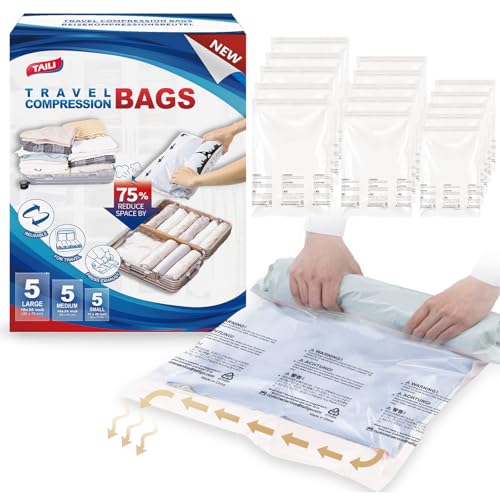 TAILI Vakuumbeutel für Kleidung Reise 15 Stück in 3 Größen 70 x 45 CM, 60 x 40 CM, 50 x 35 CM Vakuumbeutel Set Reise zum Rollen Wiederverwendbar und Leicht zu Tragen Vakuumierbeutel für Rucksack TAILI Vakuumbeutel für Kleidung Reise 15 Stück in 3 Größen 70 x 45 CM, 60 x 40 CM, 50 x 35 CM Vakuumbeutel Set Reise zum Rollen Wiederverwendbar und Leicht zu Tragen Vakuumierbeutel für Rucksack von TAILI