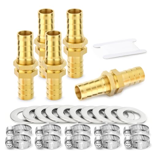 TAILONZ PNEUMATIC 5PCS Messing Schlauch Thru-Bulk Bulk Fitting 10mm bis 10mm Barb, gerade Hex Union Fitting mit 10PCS Clamp von TAILONZ PNEUMATIC