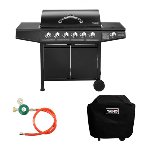 TAINO BASIC BBQ Gasgrill Grillwagen Edelstahl-Brenner + Seitenkocher Grill (Gasgrill BASIC 6+1 Set) von TAINO