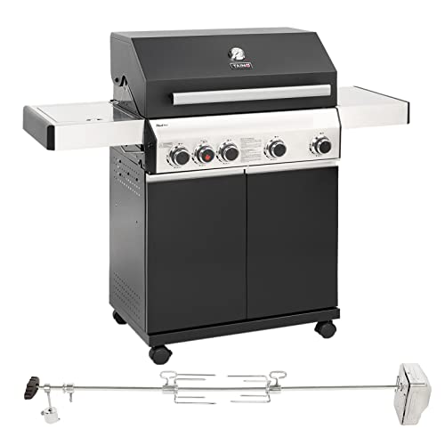 TAINO BLACK 4+1 Set mit Drehspieß Gasgrill Rotisserie mit Motor 4 Brenner Keramik-Sear Zone elektrischer Fleischspieß Grillwagen von TAINO