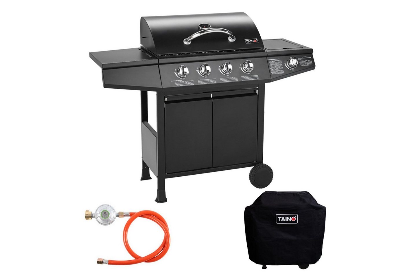 TAINO Gasgrill BASIC 4+1, Gasgrill mit Gasdruckminderer, Gasschlauch und Abdeckhaube, Piezozündung, 4 Brenner aus Edelstahl, Seitenkocher von TAINO