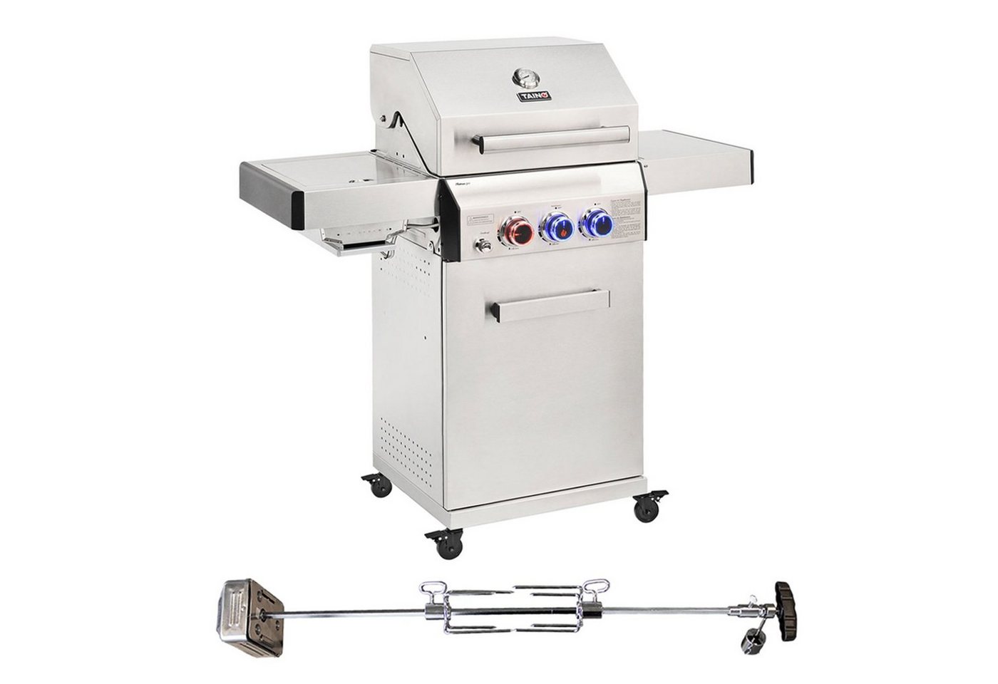 TAINO Gasgrill PLATINUM + Drehspieß, PLATINUM 2+1 inkl. Drehspieß, komplett aus Edelstahl, Seitentisch klappbar von TAINO