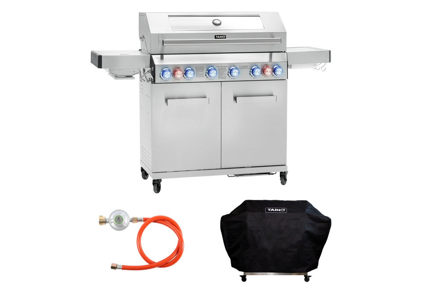 TAINO Gasgrill PLATINUM YAMARA 6+2 mit Haube, Spar-Set, 6 Hauptbrenner, Sear-Zone, Heckbrenner, Edelstahl, Silber von TAINO