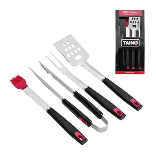 TAINO Grillbesteck-Set 4-teilig Edelstahl Grillzubehör schwarz rot BBQ-Zubehör Accessoire von TAINO