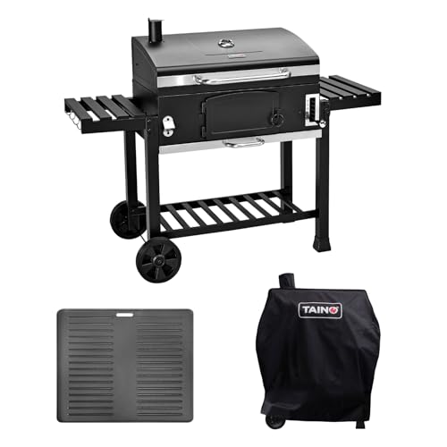 TAINO HERO XXL Holzkohlegrill Set Abdeckhaube Grillplatte Smoker Grillwagen BBQ von TAINO