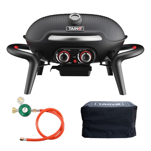 TAINO KENAI Gasgrill Set Abdeckhaube Gasruckregler klein Tischgrill Balkongrill Gas Outdoorküche Thermometer Aluguss Schwarz von TAINO
