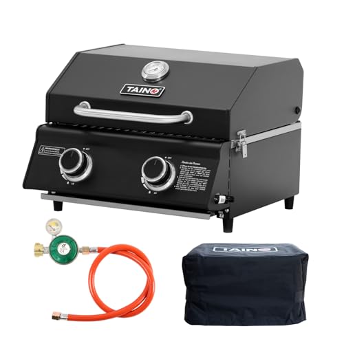 TAINO PLATINUM COMPACT DARK Set Tischgrill Gasdruckregler Abdeckhaube 2 Brenner Gasgrill Kompakt Camping Mini Grill Tragbar BBQ von TAINO