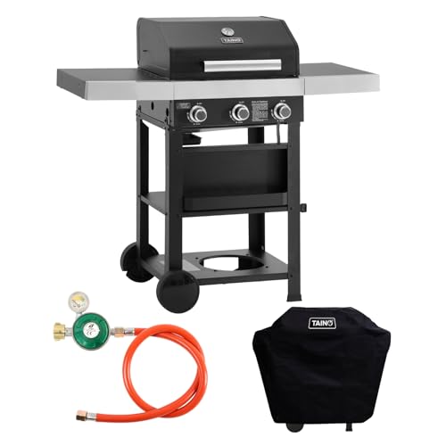TAINO WABAYA 3+0 Gasgrill Grillwagen 3 Brenner Keramik Sear-Burner Piezo-Zündung Thermometer Warmhalterost Schwarz Matt mit Abdeckhaube von TAINO