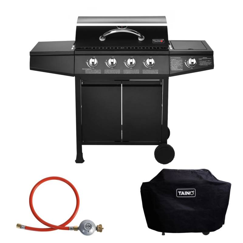 Taino Basic 4+1 Gasgrill Set Haube Regler BBQ Grillwagen 4 Edelstahl Brenner Seitenkocher TÜV Grill von TAINO
