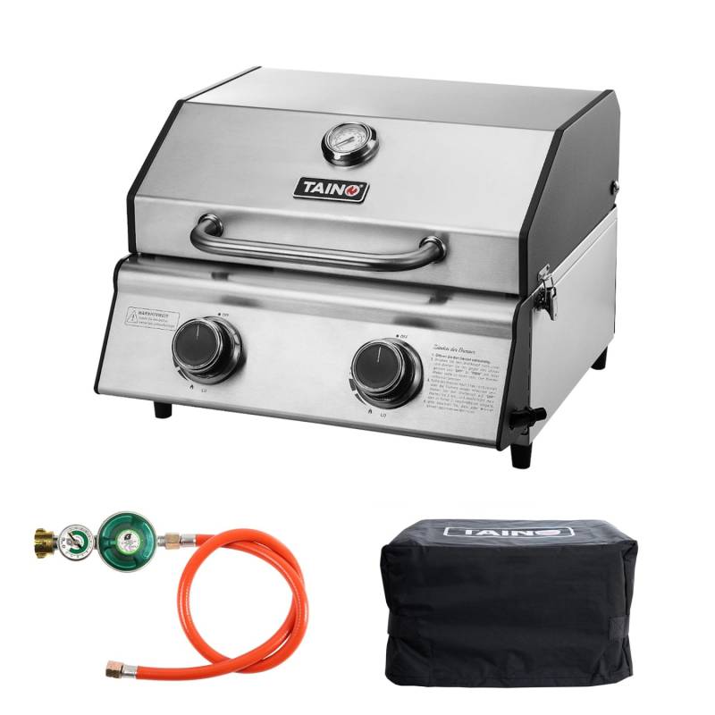 Taino Platinum Compact Set Tischgrill Abdeckhaube Gasdruckminderer 2 Brenner Gasgrill Edelstahl von TAINO