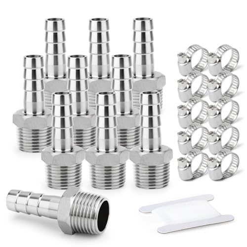 TAISHER 10 Stück Schmieden von 304 Edelstahl von Luft-Schlauch-Armaturen, Schlauch Barb Fittings 10MM Barb x 1/8"MBSP Pipe Adapter mit 10 Stück Schlauchschelle von TAISHER