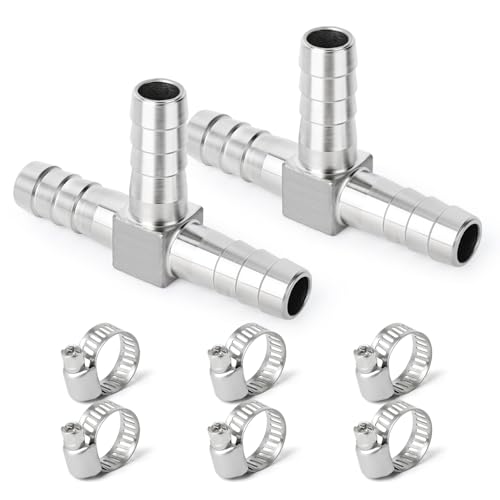 TAISHER 2 Stück 304 Edelstahl 8MM Schlauch Barb Fittings，3 Way Tee T Form Joint Splicer Mender Fitting Union für Kraftstoff/Luft/Flüssigkeit/Gas mit 6 Stück Schlauchschelle von TAISHER