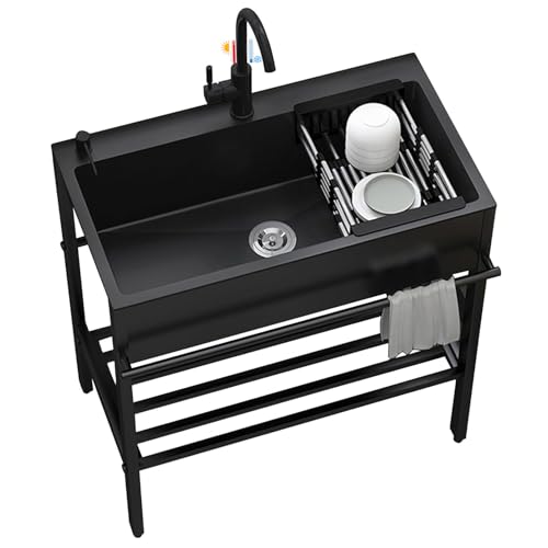 304 Edelstahl Einzelbecken, kommerzielle Restaurant-Spüle, Set mit Wasserhahn, freistehend, schwarz, Universalspüle, Handwaschbecken mit Werkbank für Outdoor und Küche, 80 x 45 x 85 cm von TAITUTE