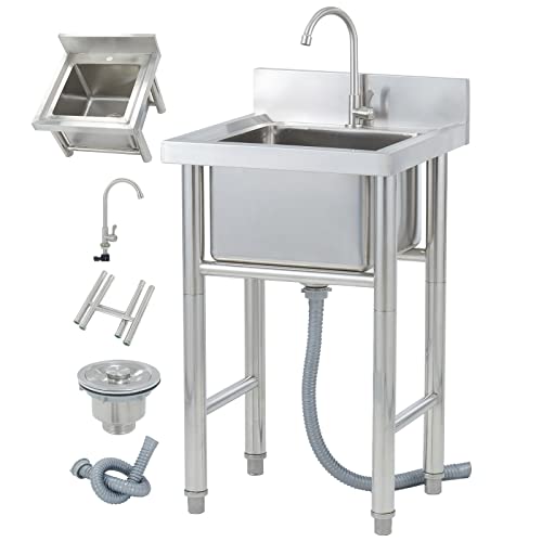 Freistehend Außenbereich Spülbecken 304 Edelstahl Waschbecken Einzelbecken mit Wasserhahn Outdoor Garten Werkstatt Bauernhaus Hinterhof Garage Keller Camping 50x80cm von TAITUTE