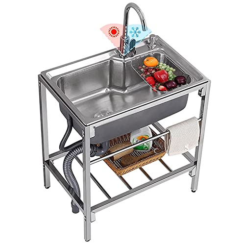 Mobiles Spültisch Edelstahl Spülbecken Gastrospülen Einzelspüle Spüle Campingküche 1 Becke mit Kalt und Warmwasserschläuchen Wasserhahn 68 x 43 x 75 cm Spülschrank Schlauchanschluß Waschtisch von TAITUTE