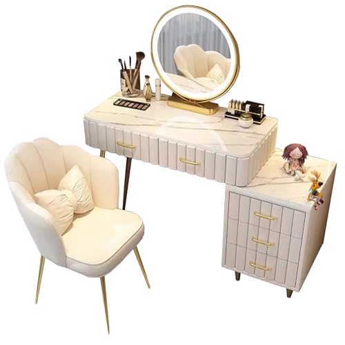 TAITUTE Schminktisch-Set mit Stuhl,Frisiertisch mit beleuchtetem 3 Farben LED Spiegel,Schminktisch mit Ablagefächern,5 Schubladen und Hocker,Schlafzimmer Kosmetiktisch für Mädchen von TAITUTE