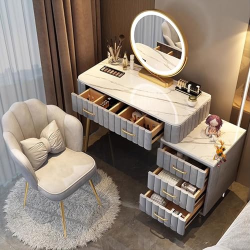 TAITUTE Schminktisch mit Stuhl and LED Spiegel,Schminktisch mit Ablagefächern,5 Schubladen und Hocker Frisiertisch,Schlafzimmer Kosmetiktisch für Mädchen,Grau von TAITUTE