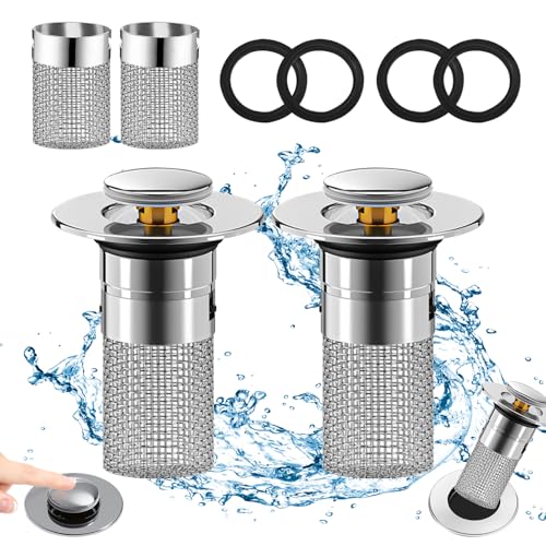 2 Stücke Waschbeckenstöpsel mit Sieb, Abflussstopfen Waschbecken mit Haarsieb für 34-40mm Abfluss Ablauf, Bodenablauf Filter aus Edelstahl Waterjake Pop-Up Ablaufventil, Schnell Ablaufend von TAIXING