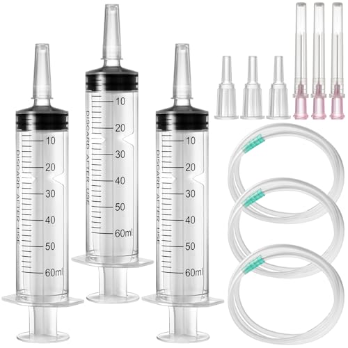 3 Stück Spritzen 60ml, Wiederverwendbar Steril Spritze mit Schlauch, Spritze mit Stumpfer Nadel Dosierspritze Kunststoff Spritze für Labor Tierfütterung Pflanzenbewässerung, Einzeln Verpackt von TAIXING