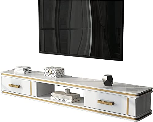 TAIYUESHAN Schwebender TV-Ständer, wandmontiertes TV-Schrank-Aufbewahrungsregal mit 2 Schubladen, Kiefernholz, wandmontierte Medienkonsole, Set-Top-Box-Rack, schaffen Platz/Gold Family von TAIYUESHAN