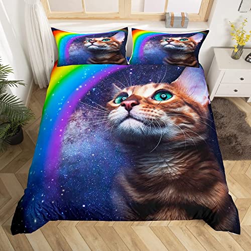 Bettwäsche 135 x 200 3D Print Katze Galaxie Regenbogen, Weiche Microfaser Haustiere Tiere Katzen Bettwäsche Set 2 teilig - Katzen Stern Motiv Bettbezug & 1 Kissenbezüg 80x80, mit Reißverschluss von TAKOLI