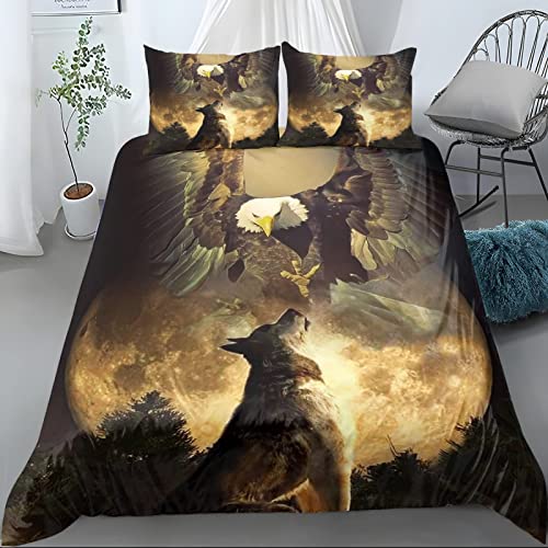 Bettwäsche 135x200 Adler Wolf Motiv Bettbezug Set 2 Teilig Wolf Mond Druck Microfaser Weich Bettbezüge + 1 Kissenbezug 80x80 cm, mit Reißverschluss von TAKOLI