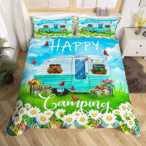 Bettwäsche 135x200 Happy campen Bettbezug Set 2 Teilig Reise Campingwagen Microfaser Weich Bettbezüge + 1 Kissenbezug 80x80 cm, mit Reißverschluss von TAKOLI