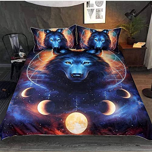 Bettwäsche 135x200 Wolf Mondstern Sternenhimmel 3D Bettbezug Set 2 Teilig Wolf Mondphasen Motiv Microfaser Weich Bettbezüge + 1 Kissenbezug 80x80 cm, mit Reißverschluss von TAKOLI