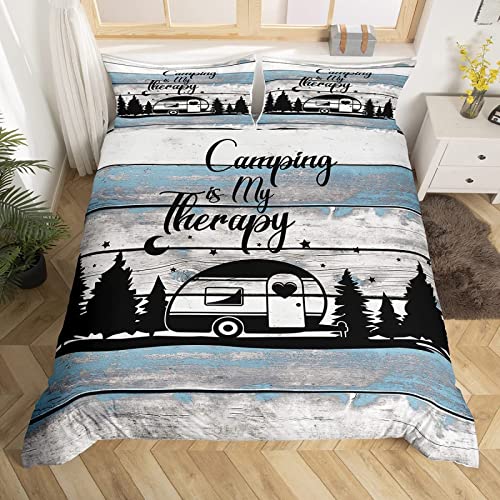 Bettwäsche 155x220 Happy Camping Camper Bettbezug Set 3 Teilig rustikales Bauernhaus Microfaser Weich Bettbezüge + 2 Kissenbezuge 80x80 cm, mit Reißverschluss von TAKOLI
