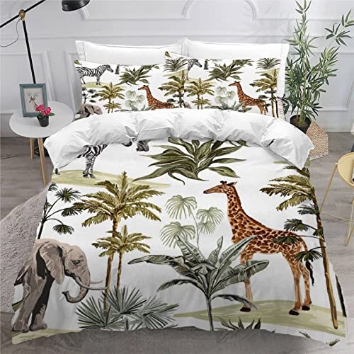 Bettwäsche 200 x 220 Elefant Giraffe Zebra 3D Druck, Weiche Microfaser tropische pflanzen palmenblätter Bettwäsche Set 3 teilig - Afrika Tierwelt Bettbezug & 2 Kissenbezüge 80x80, mit Reißverschluss von TAKOLI