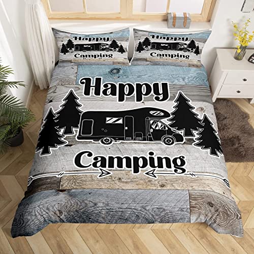 Bettwäsche 220x200 Happy Camping Camper Bettbezug Set 3 Teilig rustikales Bauernhaus Microfaser Weich Bettbezüge + 2 Kissenbezuge 80x80 cm, mit Reißverschluss von TAKOLI