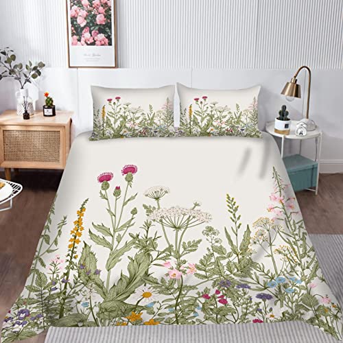 TAKOLI Bettwäsche 135 x 200 3D Blumen Pflanzen, Weiche Microfaser Bunte Blumen Bettwäsche Set 2 teilig - Grüne Blätter Motiv Bettbezug & 1 Kissenbezüg 80x80, mit Reißverschluss von TAKOLI