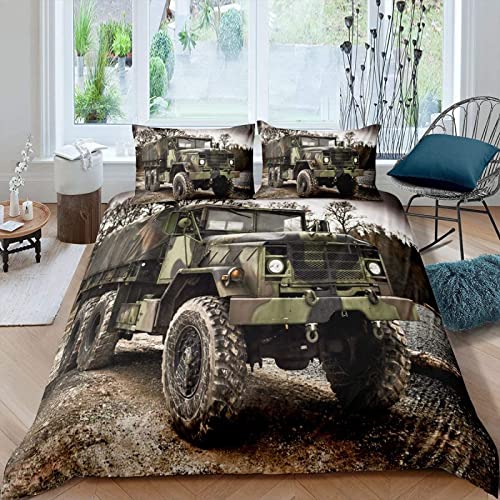 TAKOLI Bettwäsche 135 x 200 3D Camouflage Auto Druck, Weiche Microfaser Armee Truppentransporter Bettwäsche Set 2 teilig - Militär LKWs Bettbezug & 1 Kissenbezüg 80x80, mit Reißverschluss von TAKOLI