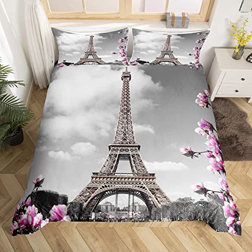 TAKOLI Bettwäsche 135 x 200 3D Eiffelturm Druck, Weiche Microfaser Frankreich Paris Bettwäsche Set 2 teilig - Magnolie Eiffelturm Bettbezug & 1 Kissenbezüg 80x80, mit Reißverschluss von TAKOLI