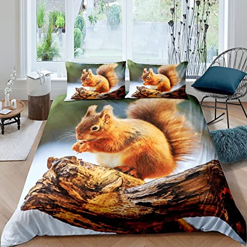 TAKOLI Bettwäsche 135 x 200 3D eichhörnchen Druck, Weiche Microfaser niedliches Tier Eichhörnchen Bettwäsche Set 2 teilig - Dschungel Tiere Bettbezug & 1 Kissenbezüg 80x80, mit Reißverschluss von TAKOLI