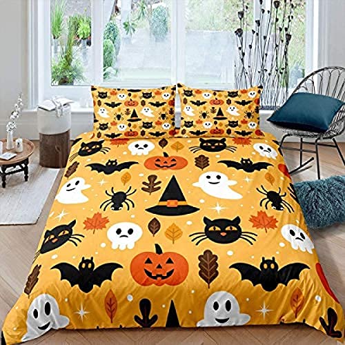 TAKOLI Bettwäsche 135 x 200 Halloween Dekoration, Weiche Microfaser Kürbis Fledermaus Druck Bettwäsche Set 2 teilig - Für Kinder Jungen Bettbezug & 1 Kissenbezüg 80x80, mit Reißverschluss von TAKOLI