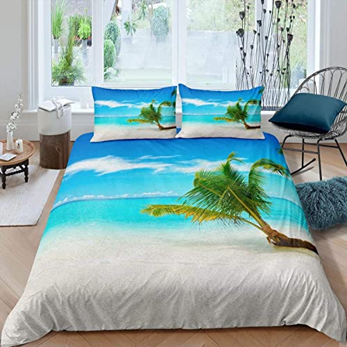 TAKOLI Bettwäsche 135 x 200 Strand, Weiche Microfaser Palme Hawaiianisch Bettwäsche Set 2 teilig - Blaues Meer Bettbezug & 1 Kissenbezüg 80x80, mit Reißverschluss von TAKOLI