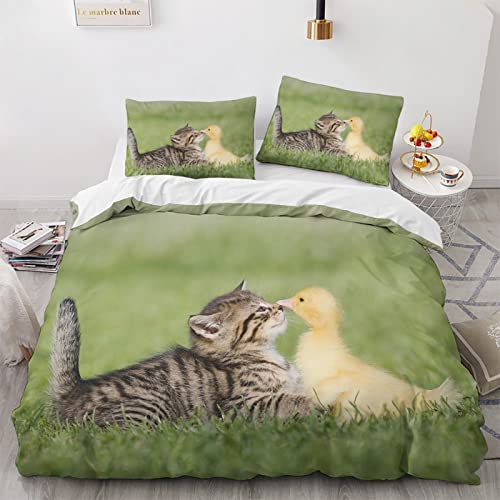 TAKOLI Bettwäsche 135x200 3D Katze Und Ente, Weiche Microfaser Bettwäsche Set 2 teilig, 1 Bettbezug 135x200 & 1 Kissenbezüg 80x80, mit Reißverschluss von TAKOLI