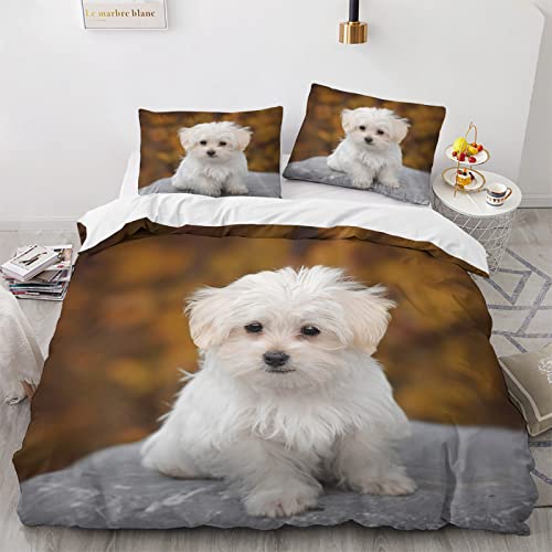 TAKOLI Bettwäsche 135x200 3D Malteser Hund, Weiche Microfaser Bettwäsche Set 2 teilig, 1 Bettbezug 135x200 & 1 Kissenbezüg 80x80, mit Reißverschluss von TAKOLI