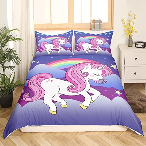 TAKOLI Bettwäsche 155 x 220 Einhorn, Weiche Microfaser Regenbogen Mädchen Bettwäsche Set 3 teilig - Stern Lila Bettbezug & 2 Kissenbezüge 80x80, mit Reißverschluss von TAKOLI